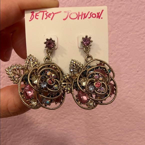 Betsey Johnson Jewelry - Betsey Johnson Pink and Gold Floral Crystal Dangle Earrings